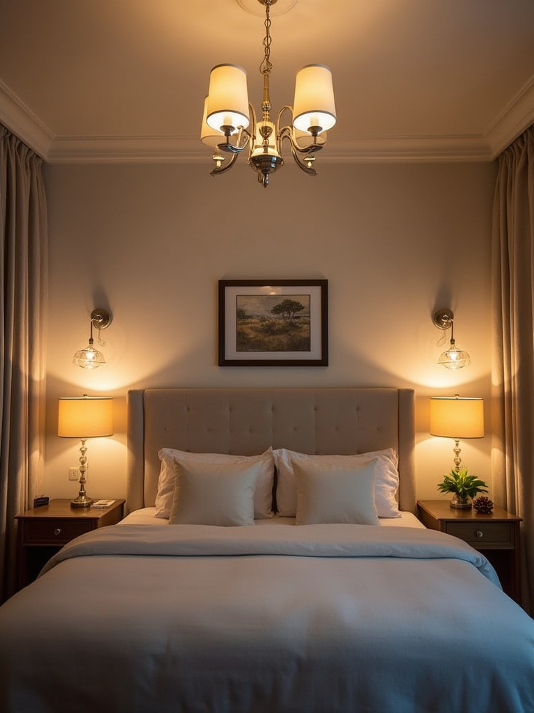 Elegant bedroom with upgraded lighting fixtures including chandelier, bedside lamps, and wall sconces.