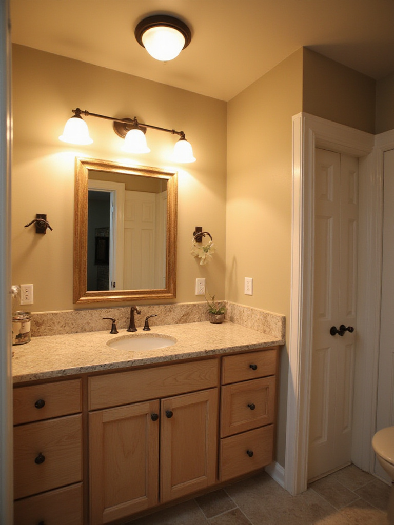 Small bathroom with layered lighting including ambient, task, and accent light sources.