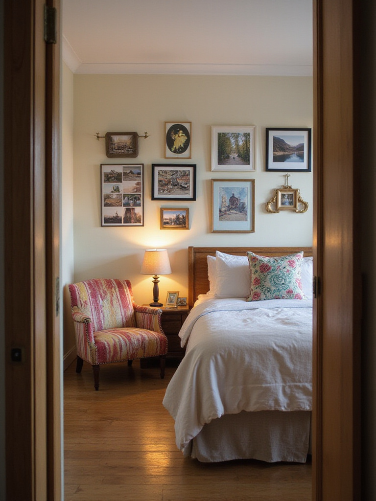 Personalized bedroom layout with meaningful decor and warm lighting