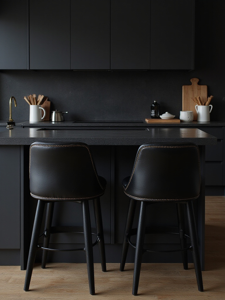 Sophisticated black kitchen with layered textures including leather and velvet