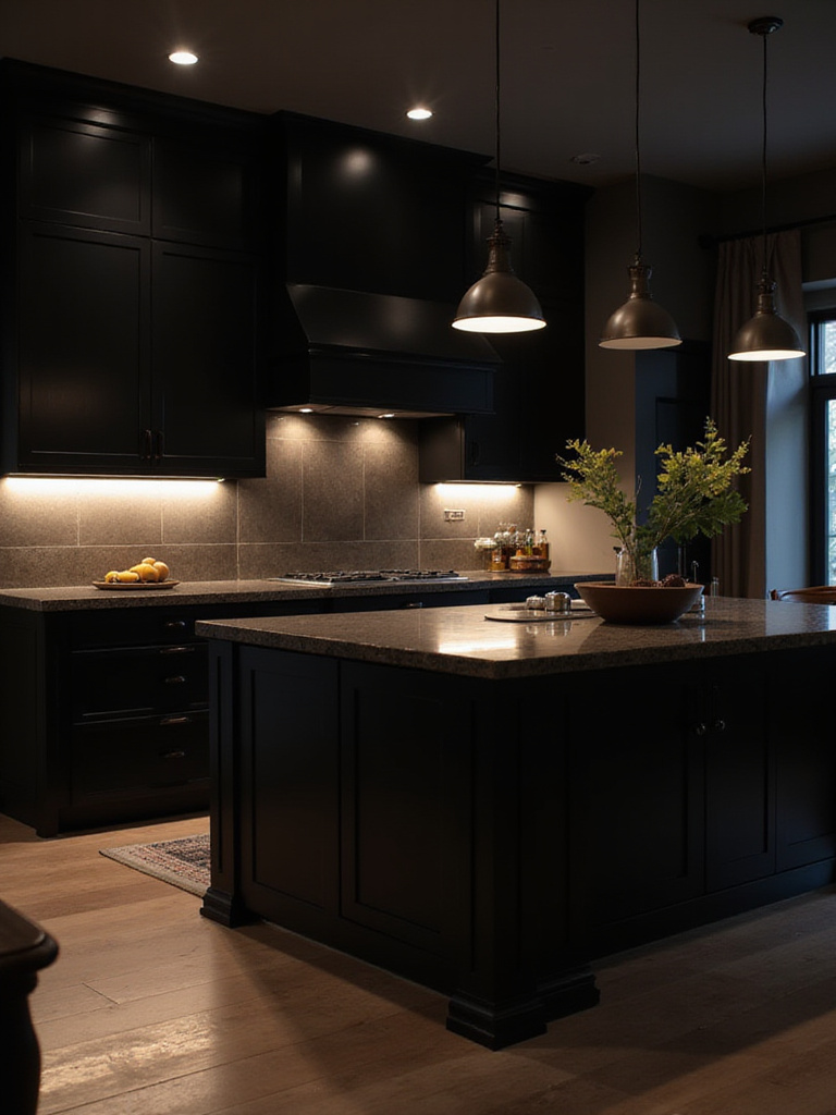 Modern black kitchen with pendant and under-cabinet lighting