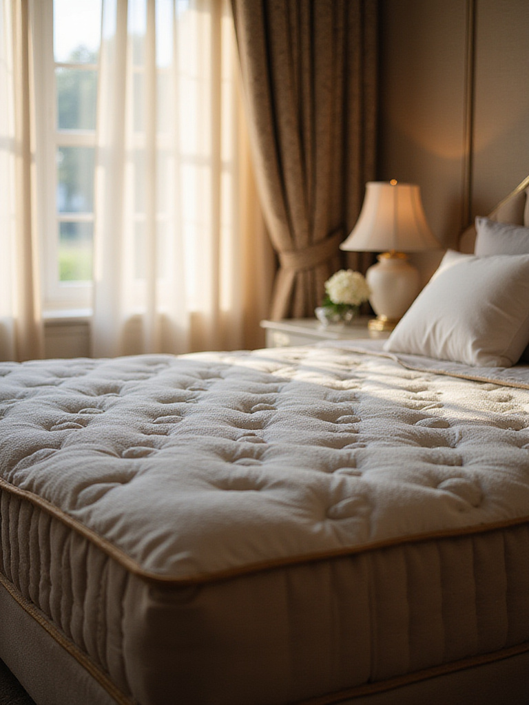 Luxurious bedroom with a premium mattress and soft bedding.