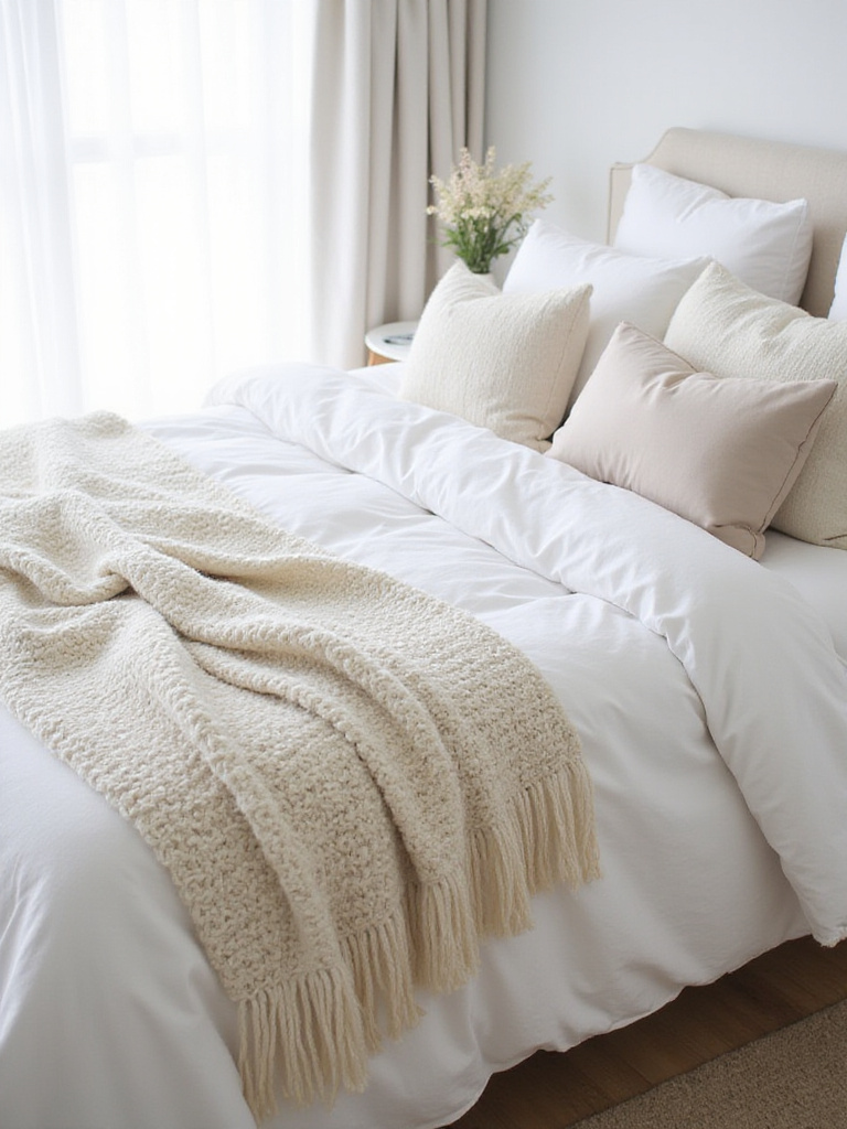 A beautifully layered white bed in a serene bedroom