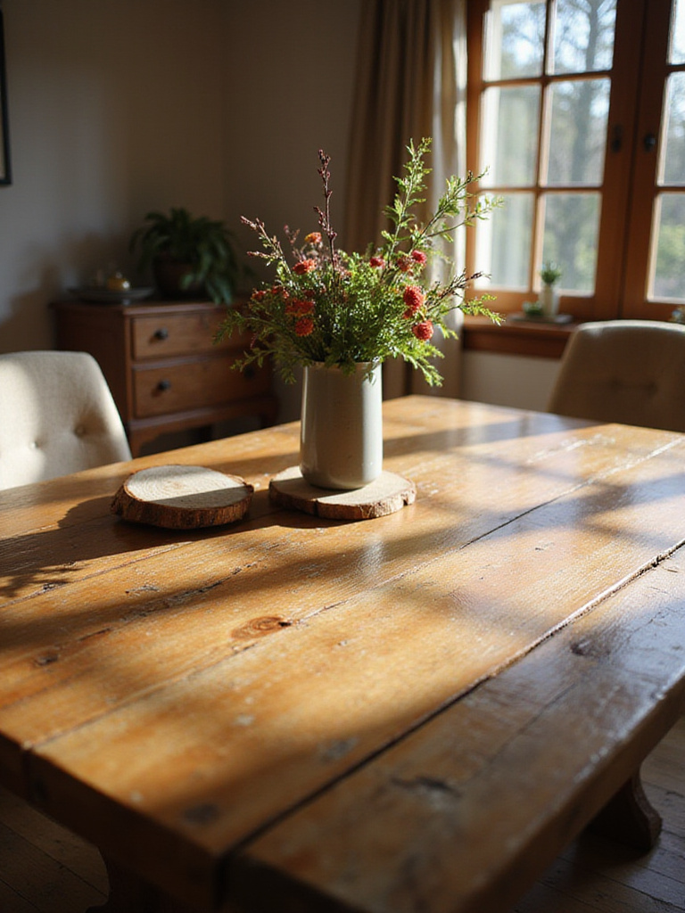 Rustic wood dining table with wildflowers and coasters in a warmly lit living room.