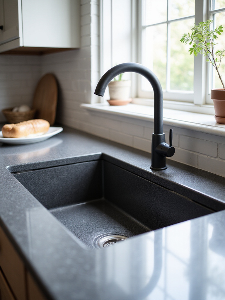 Modern kitchen sink with easy-to-clean, stain-resistant surface