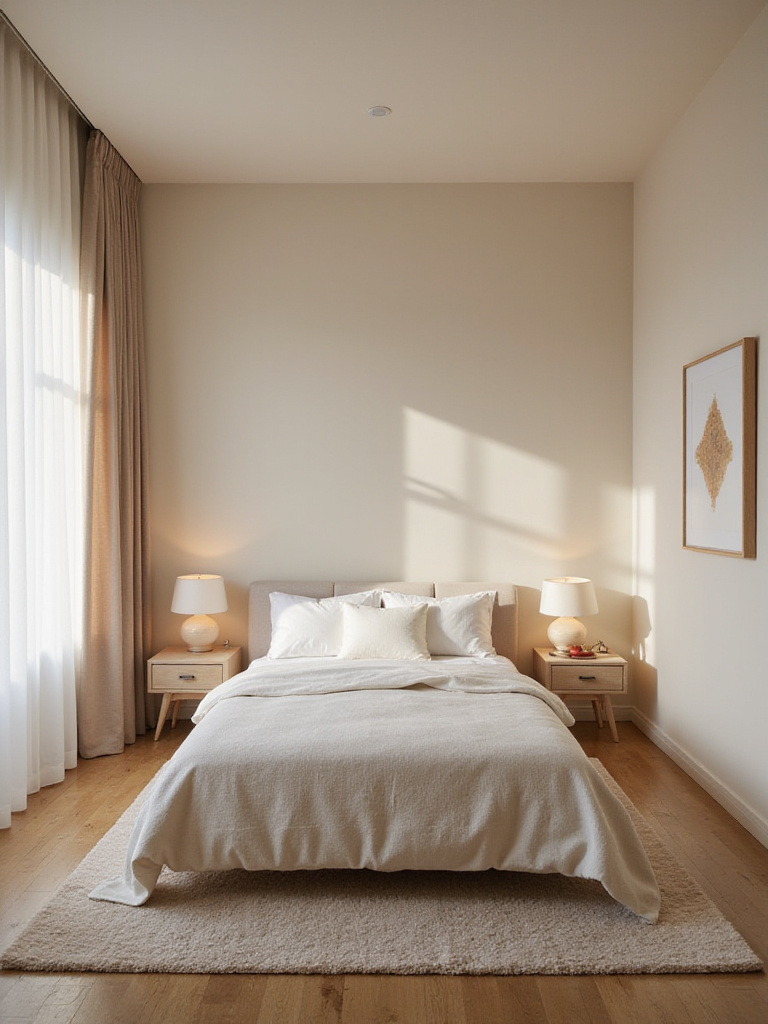 A spacious bedroom with a bed and clear walkway space around it.