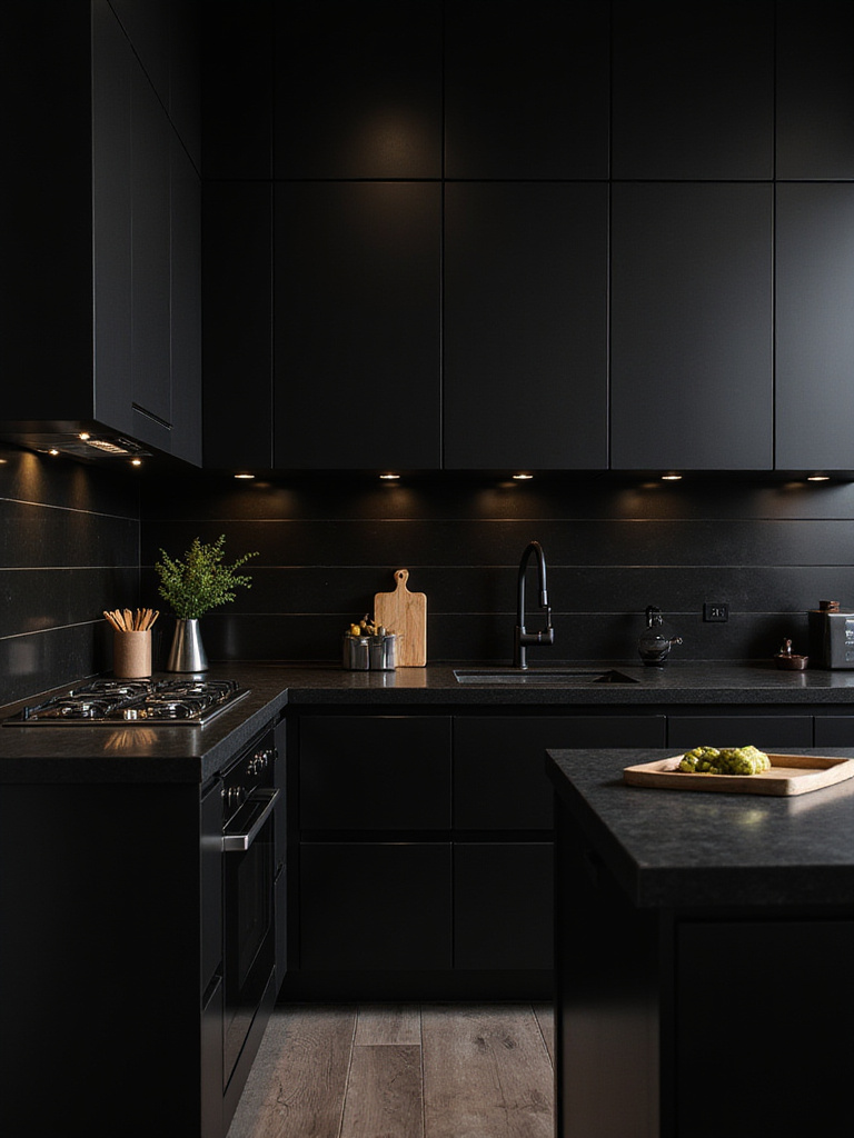 Pristine black kitchen surfaces with elegant lighting