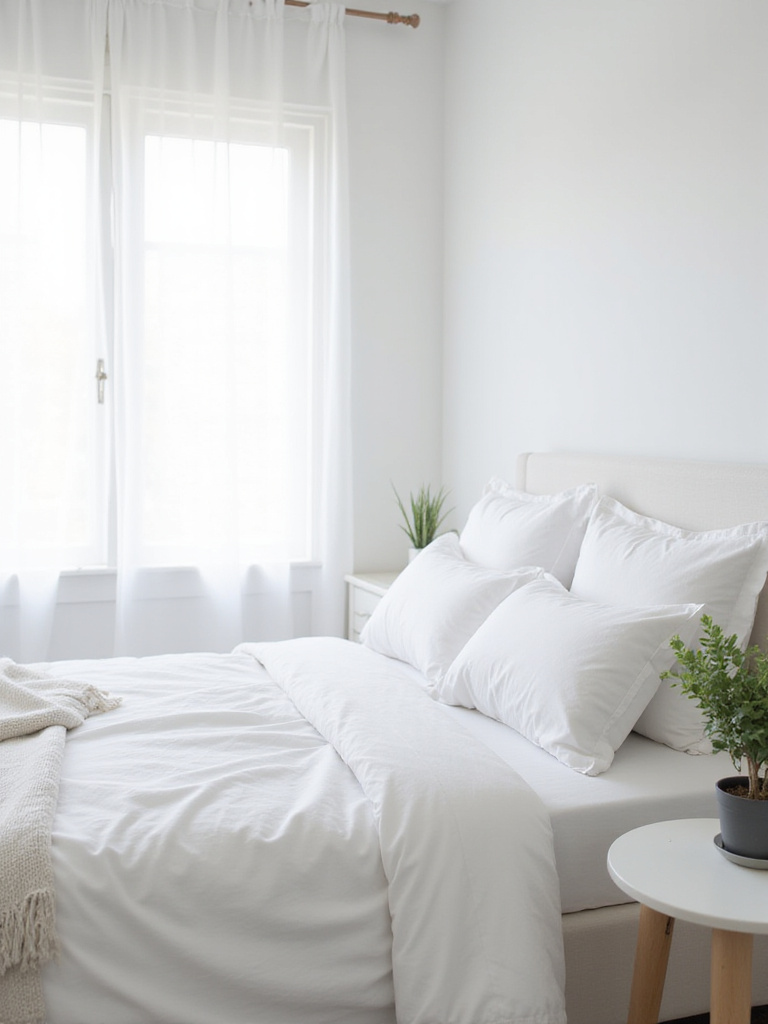 A bright and inviting white bedroom with natural light, showcasing clean linens and minimalist decor.