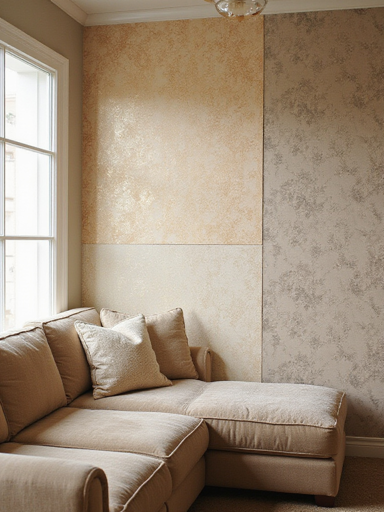 Living room accent wall showcasing various wallpaper types with perfect hanging techniques.