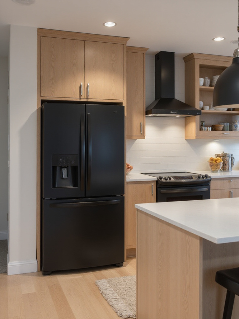 Modern kitchen featuring matte black appliances and cabinetry with light wood accents.