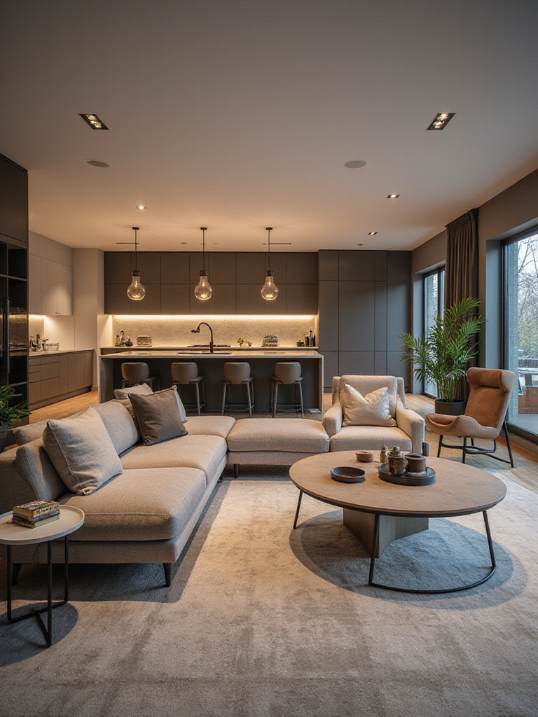 Modern open-concept kitchen with seamless flow into living area