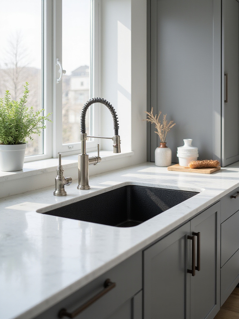 Modern kitchen with matte black granite composite sink and white quartz countertops.