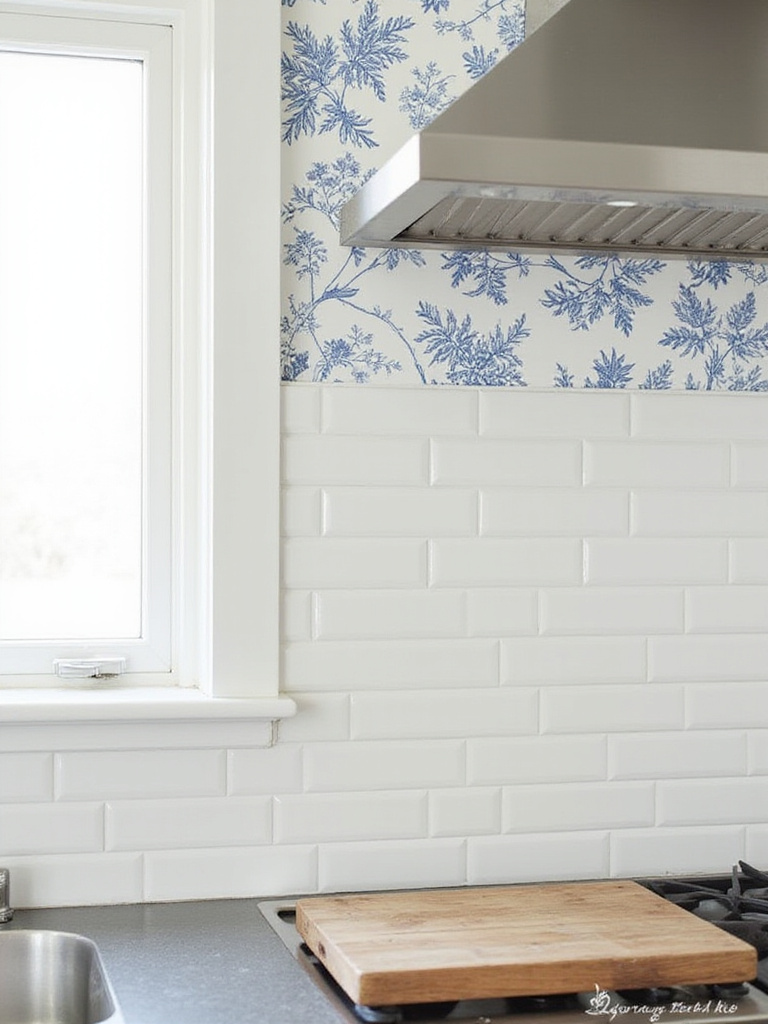 A kitchen showcasing coordinating wallpaper and subway tile backsplash.