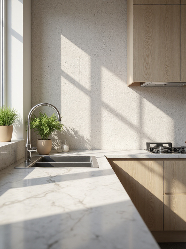 Modern kitchen with durable and washable wallpaper design, showcasing texture and light.