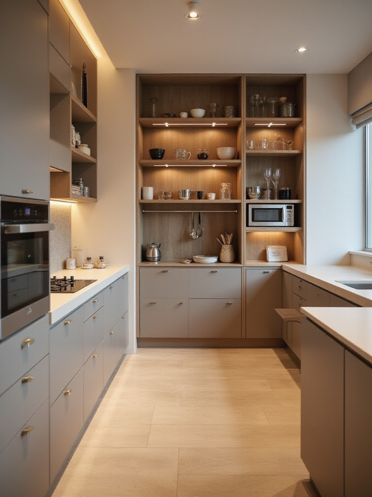 Modern kitchen with hidden storage solutions and minimalist design