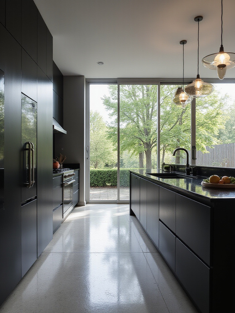 Black kitchen with large windows maximizing natural light