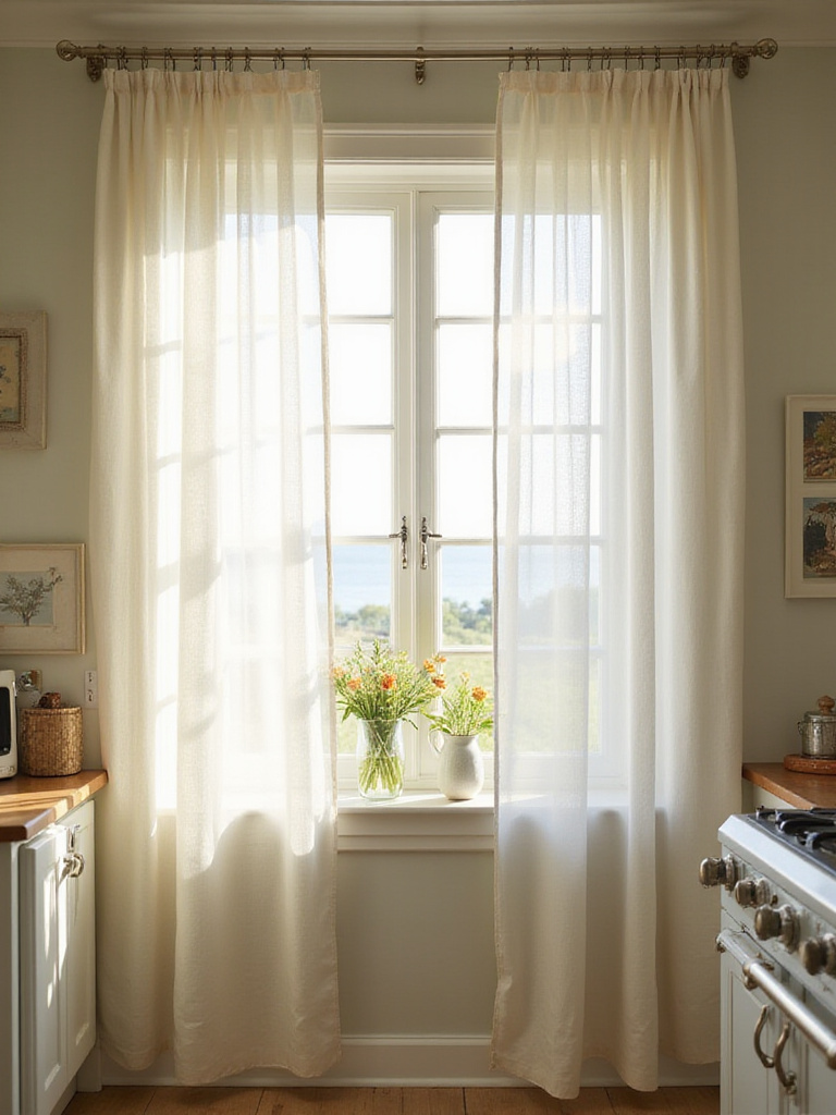 Coastal kitchen with sheer window treatments allowing natural light