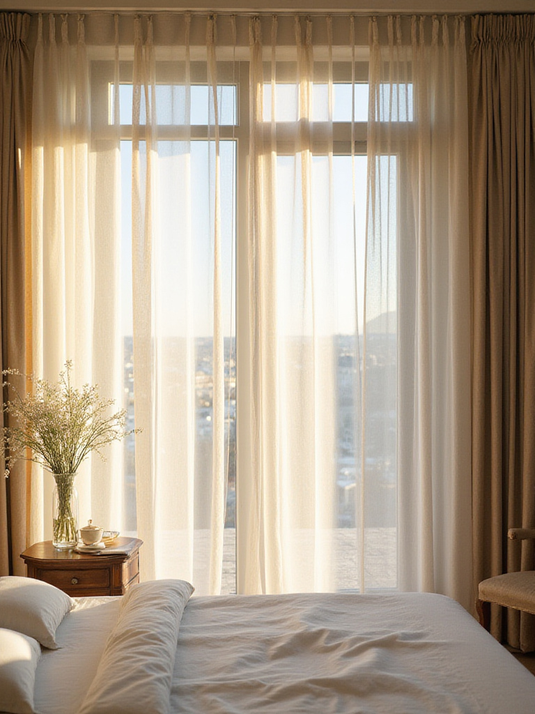 Bright bedroom with sheer window treatments maximizing natural light