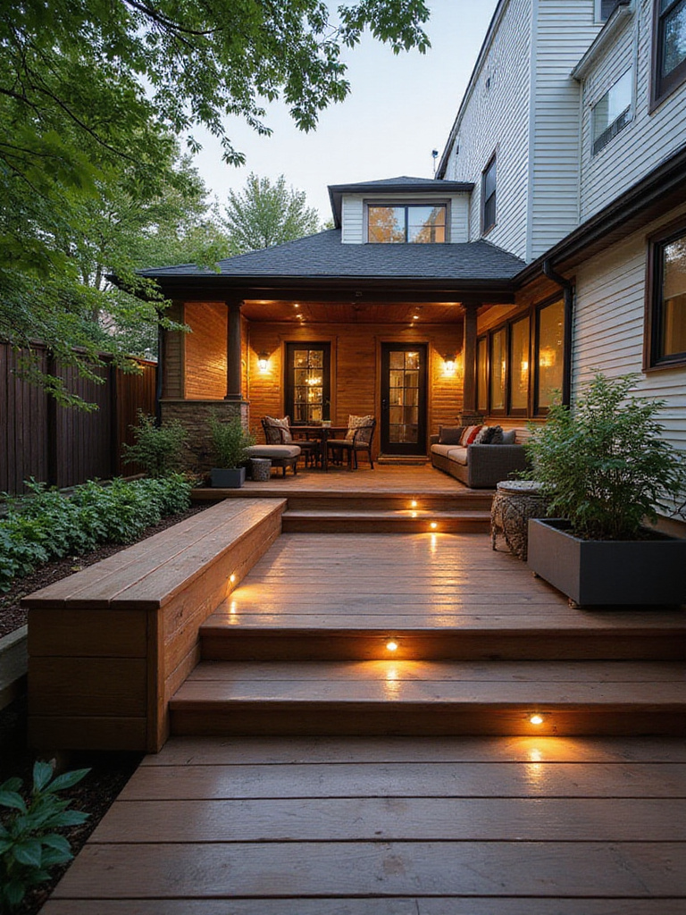 Cleverly designed compact deck in a small urban backyard with multi-level tiers and built-in seating.