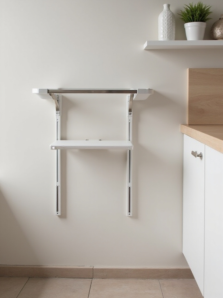 Wall-mounted fold-down bar in a compact kitchen setting
