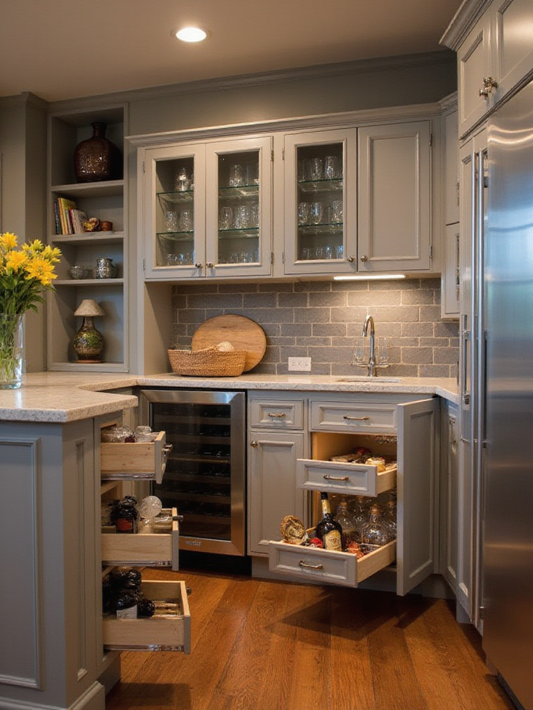 Modern kitchen with integrated bar cabinetry showcasing organized storage for beverages and glassware.