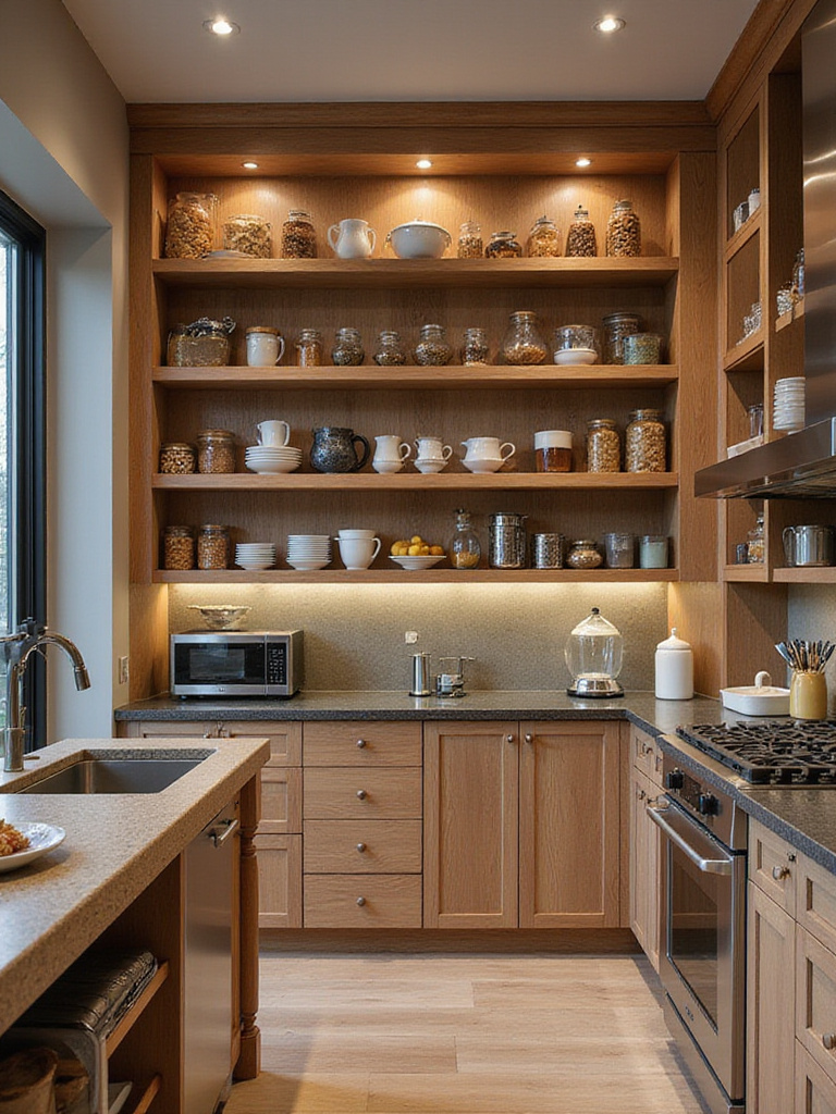 Modern kitchen featuring floor-to-ceiling shelves filled with organized kitchenware