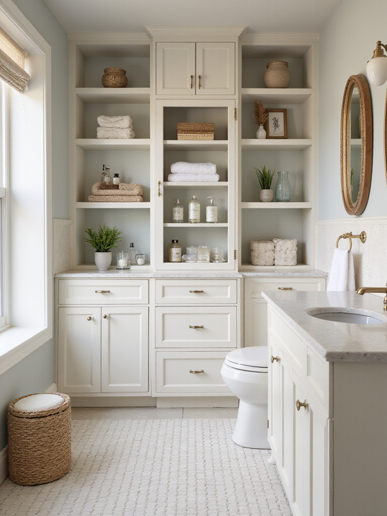 Small bathroom with vertical storage solutions including tall cabinets and floating shelves.