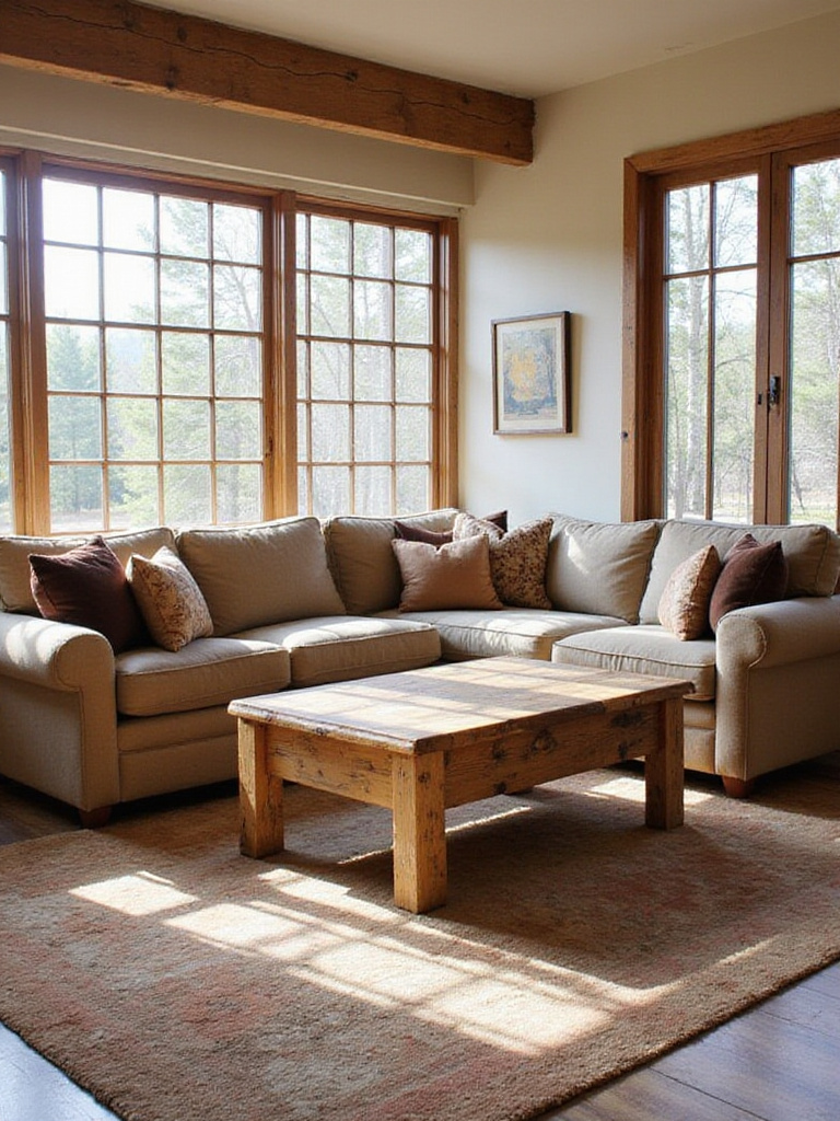 Reclaimed wood sectional in a spacious rustic living room