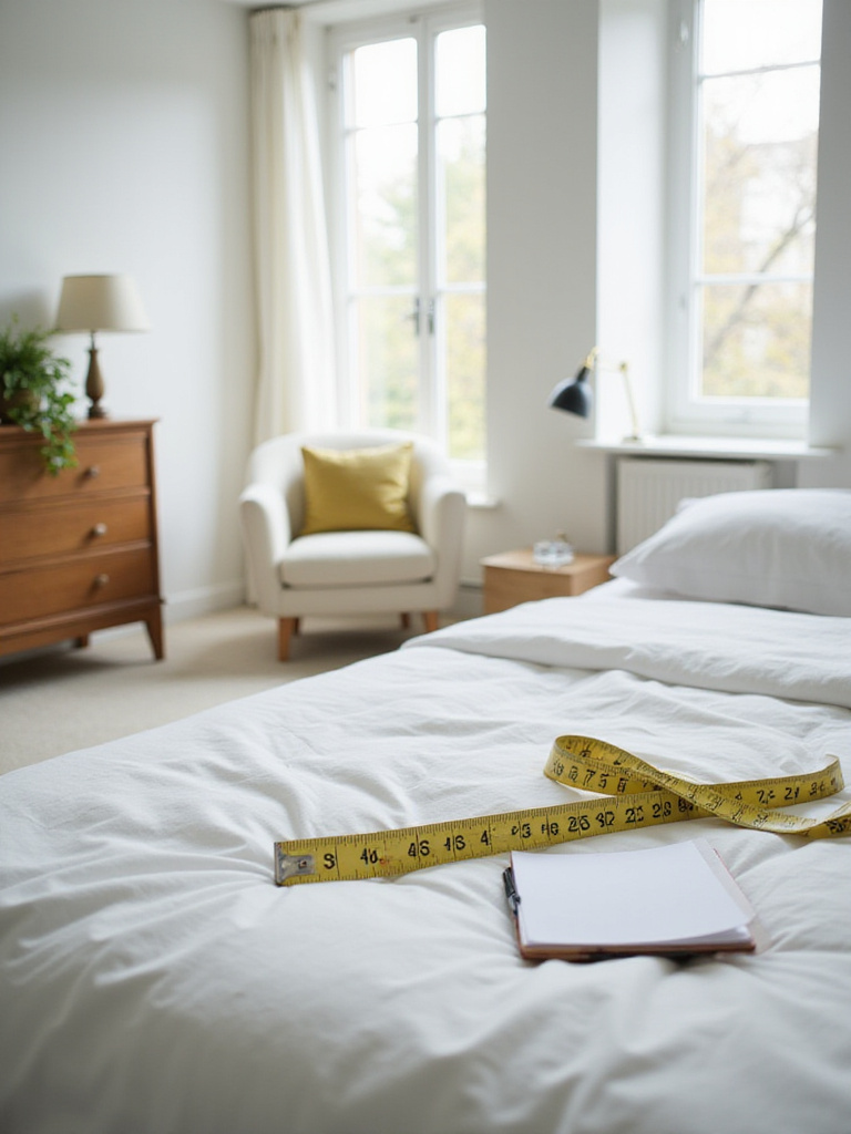 A well-lit bedroom with a tape measure, notepad, and pencil on a bed, emphasizing accurate measurement for furniture layout.
