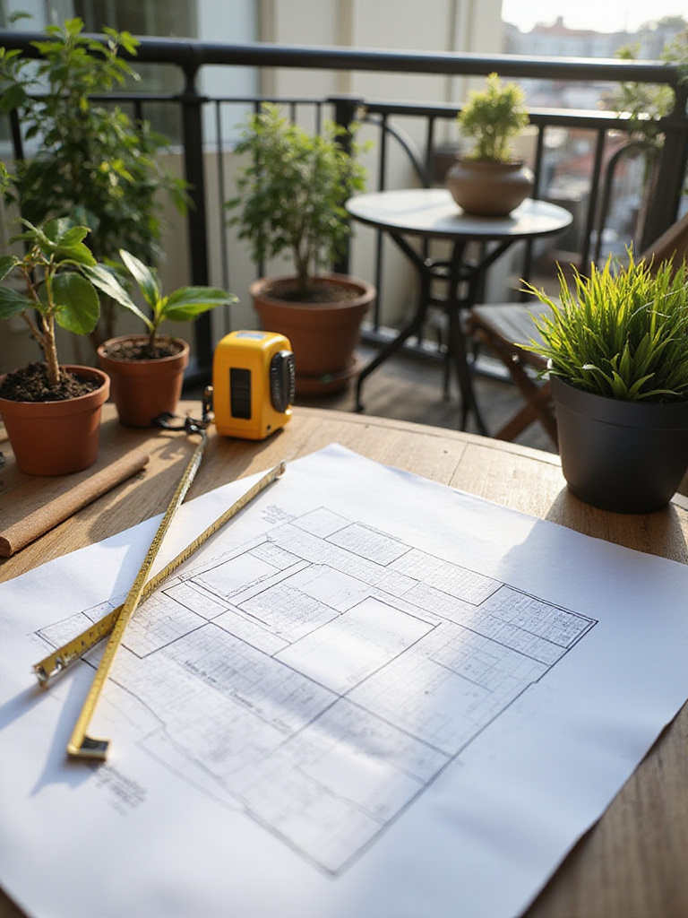 Professional photo of a balcony layout plan with measuring tools, showcasing design efficiency.