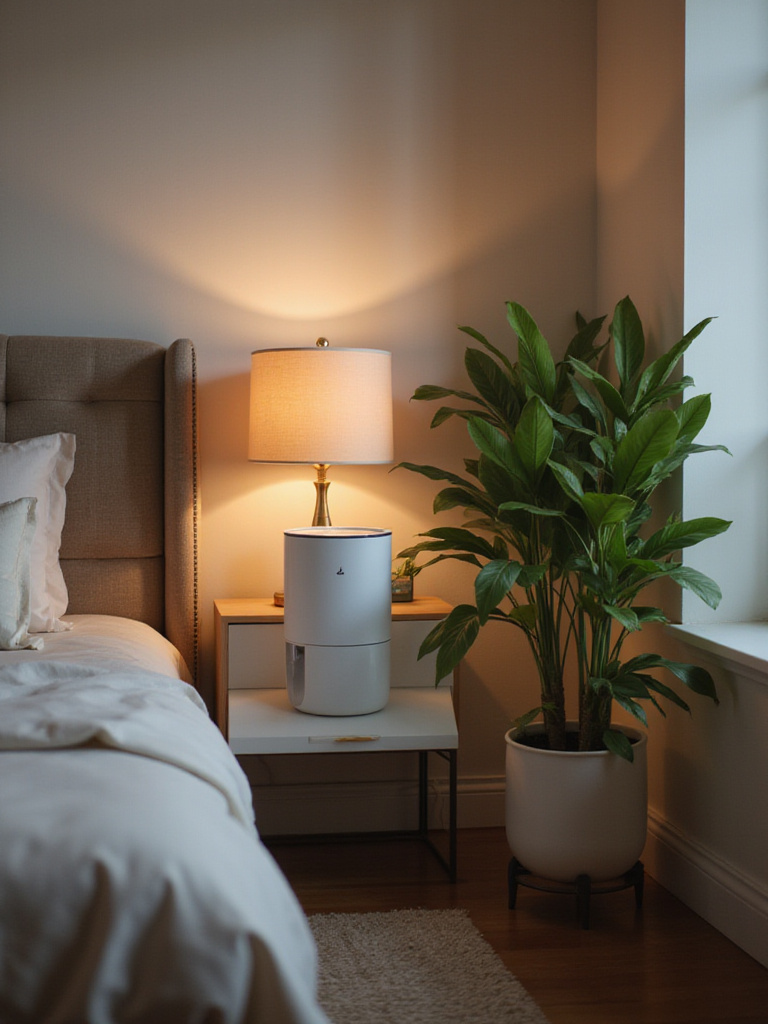 Modern bedroom featuring a smart air purifier and ambient lighting for enhanced air quality.