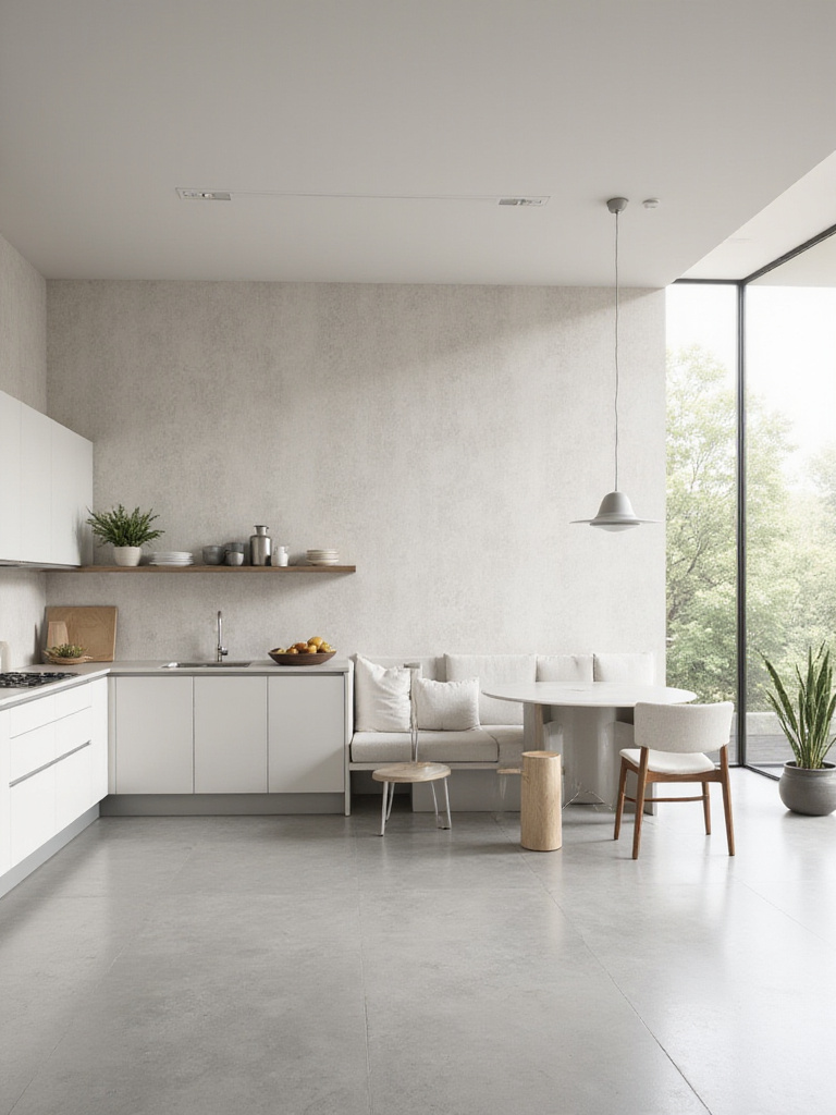 Sleek modern kitchen with minimalist wallpaper, showcasing clean lines and subtle textures.