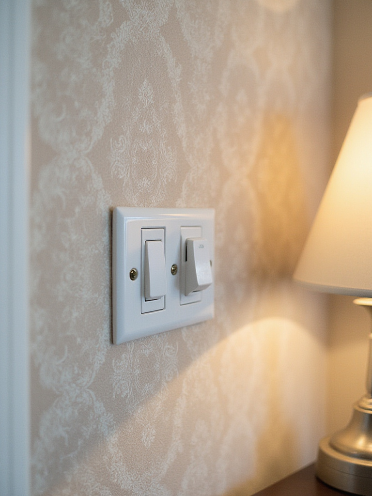 Professional wallpapered living room accent wall with precise cuts around outlets and switches