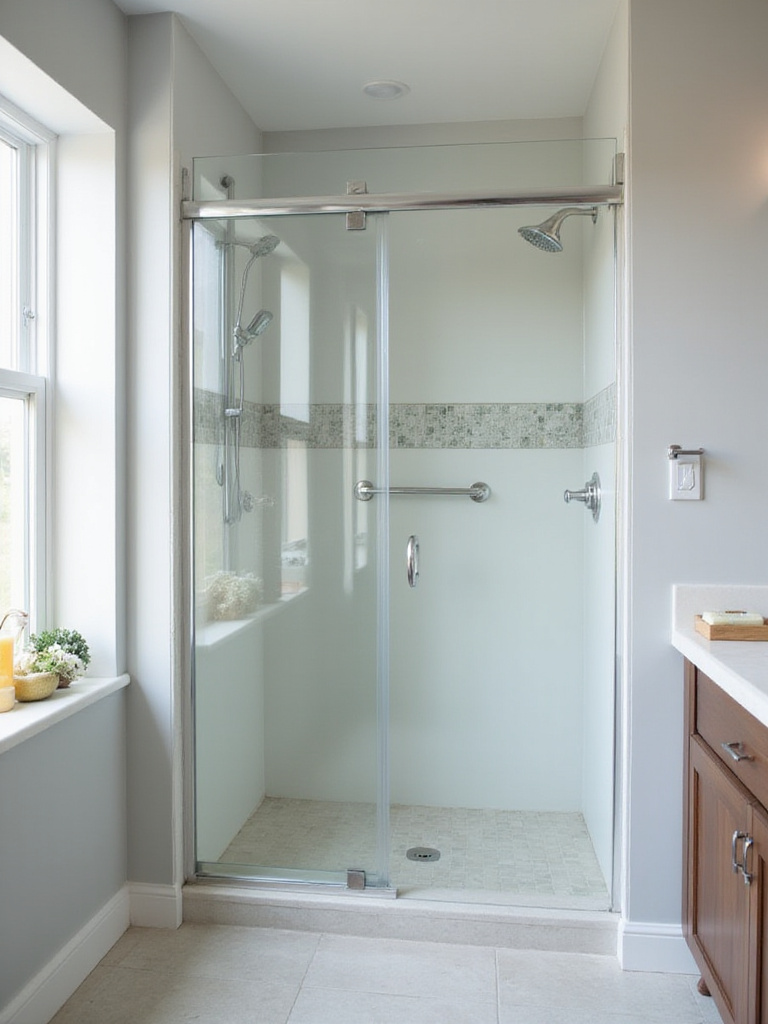Small bathroom with a clear glass sliding shower door, showcasing modern design and spacious feel.