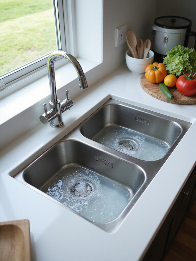 Modern kitchen sink with double bowls, showcasing cleaning and rinsing tasks.