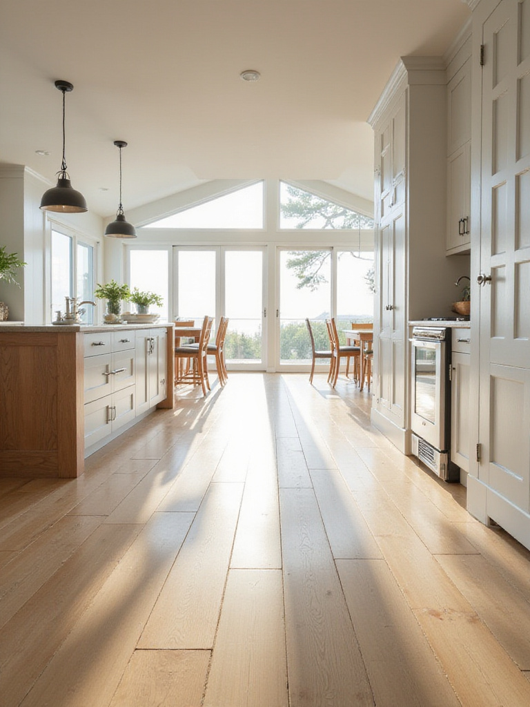 Coastal kitchen with wide plank light hardwood flooring showcasing natural light and serene atmosphere.