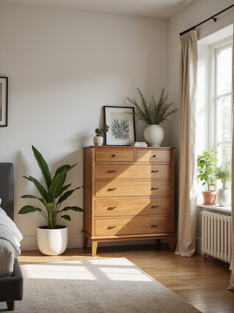 Bedroom with a tall dresser against an unoccupied wall, showcasing storage efficiency