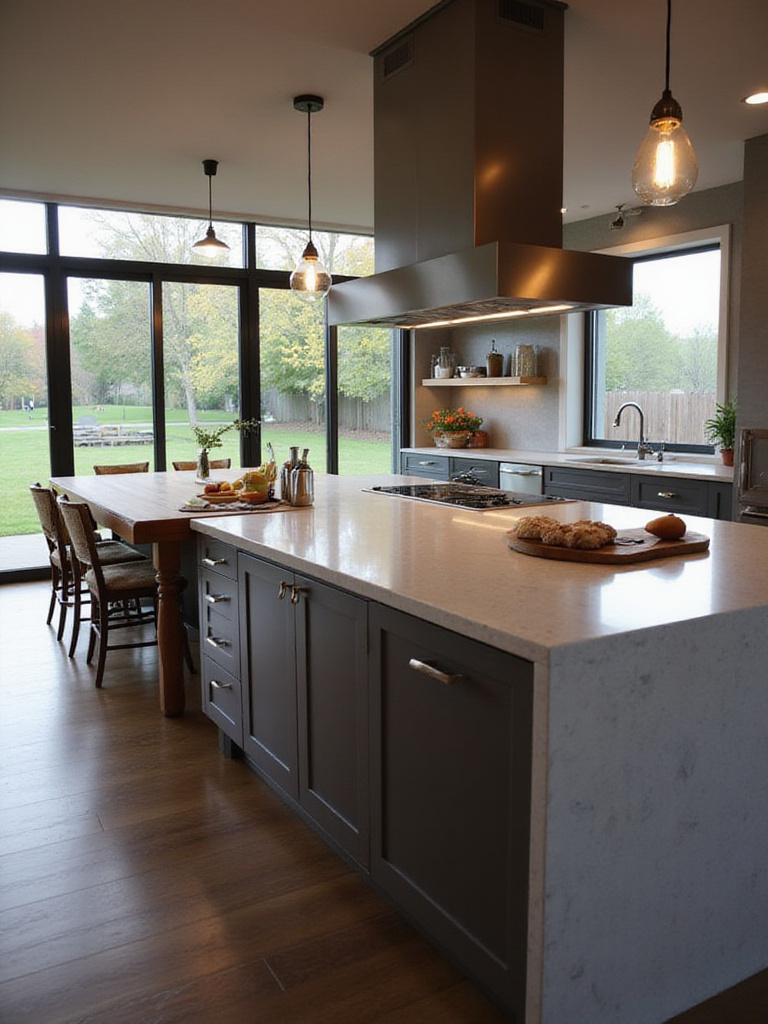 Modern kitchen island designed for socializing and meal prep with distinct zones.
