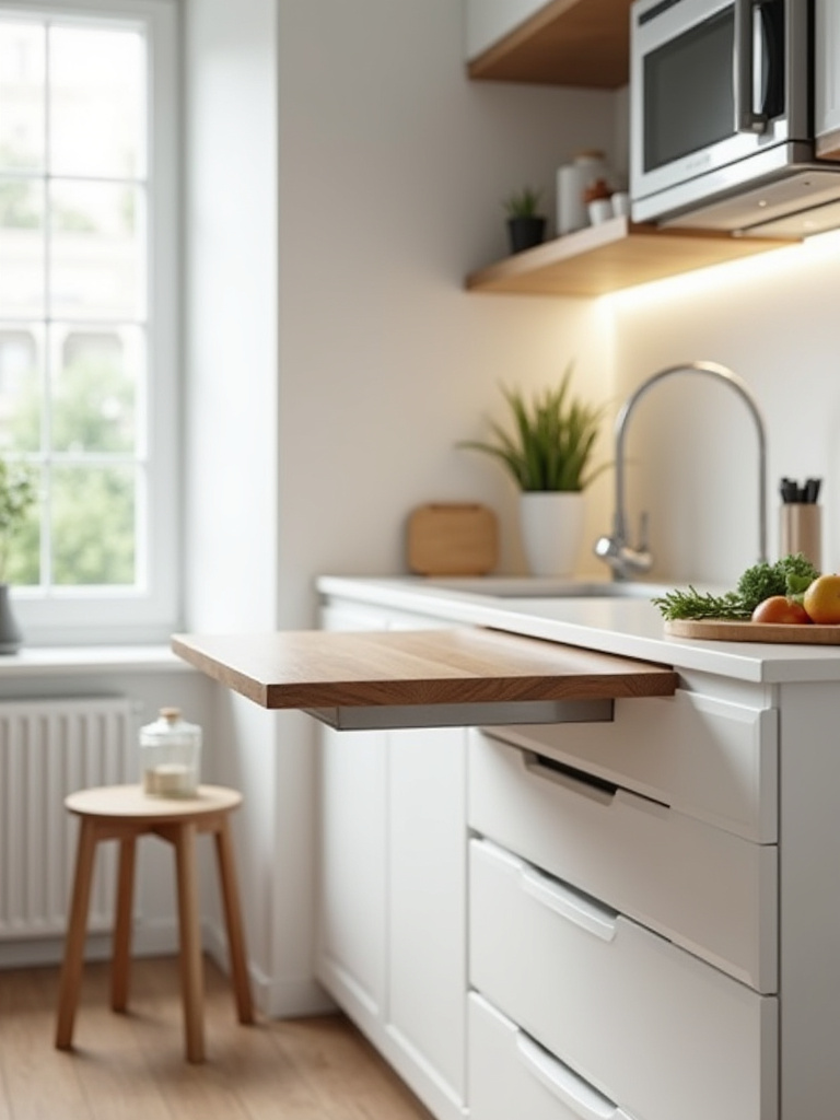 Small kitchen featuring a wall-mounted drop-leaf bar table in a modern design.