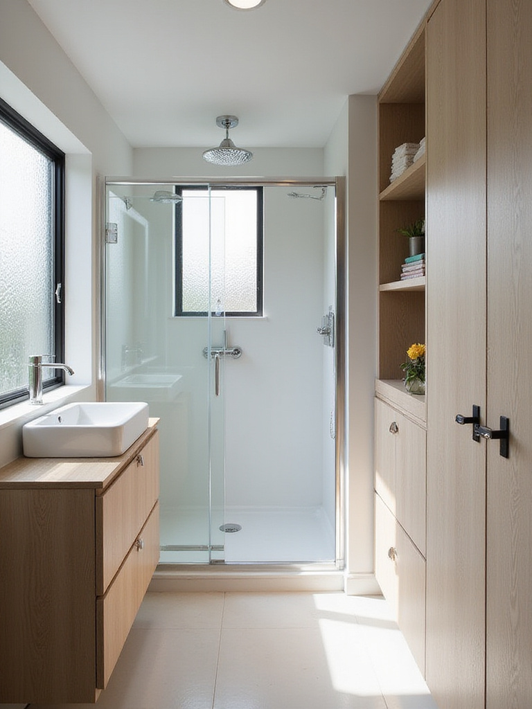 Optimized small bathroom layout with wall-mounted sink and walk-in shower
