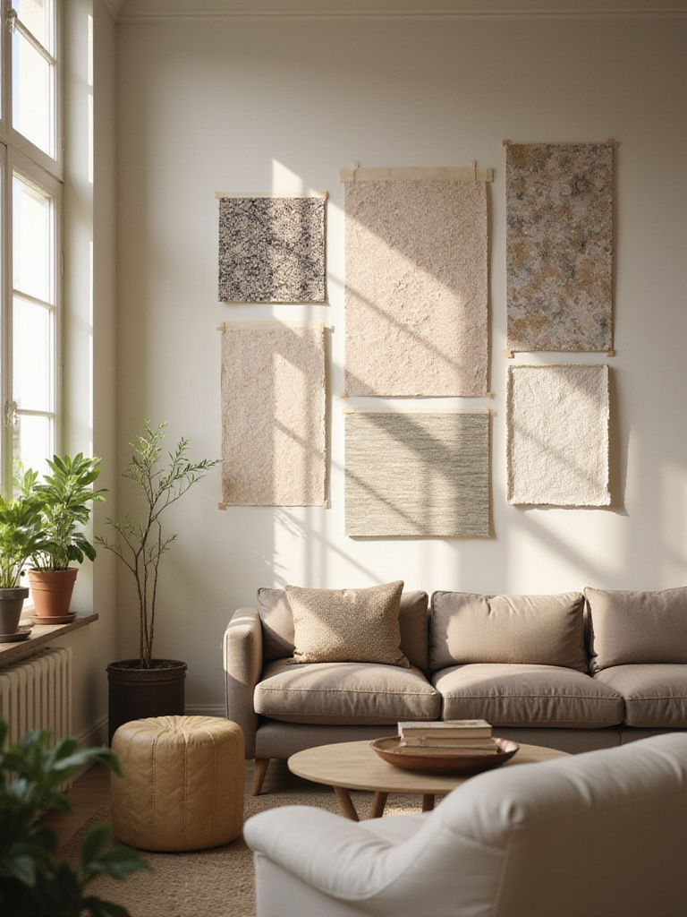 Living room wallpaper samples taped to a wall under natural light.