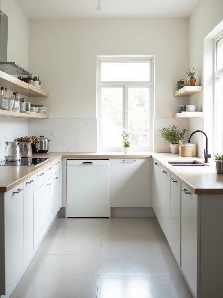 A beautifully designed small kitchen with light-colored walls and cabinets, showcasing a bright and spacious feel.