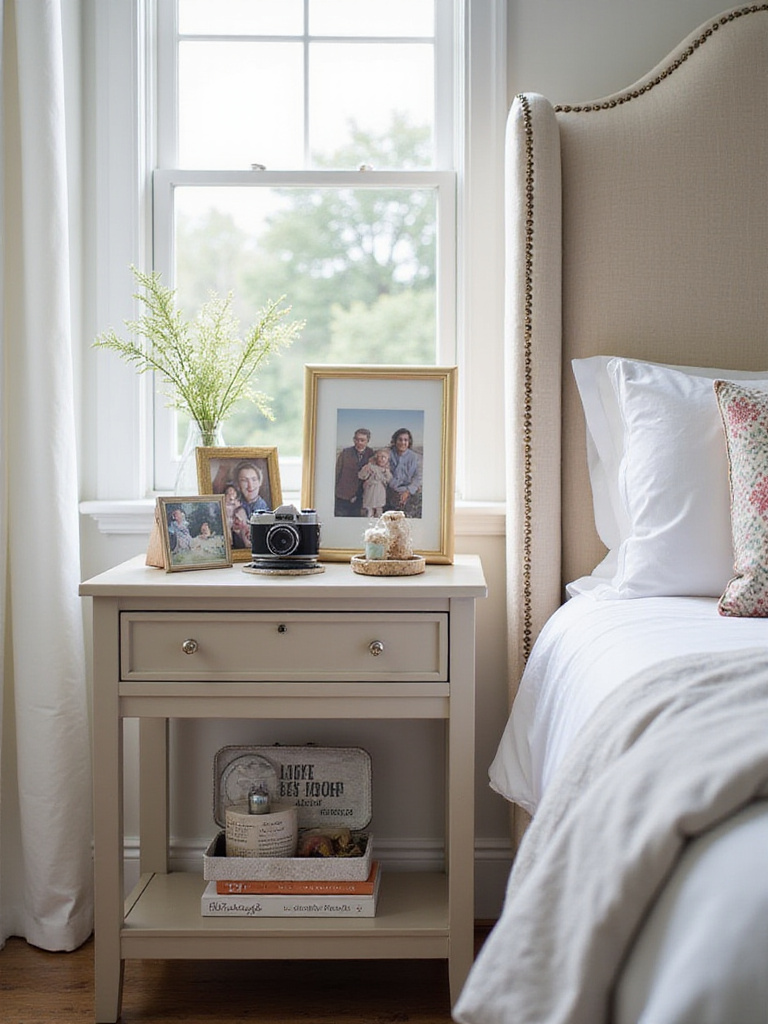 Cozy bedroom corner featuring personalized accessories and keepsakes on a nightstand.