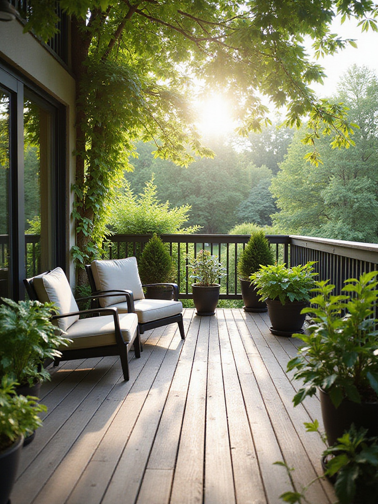 A pristine balcony with weather-resistant furniture and decorative plants, showcasing easy maintenance.