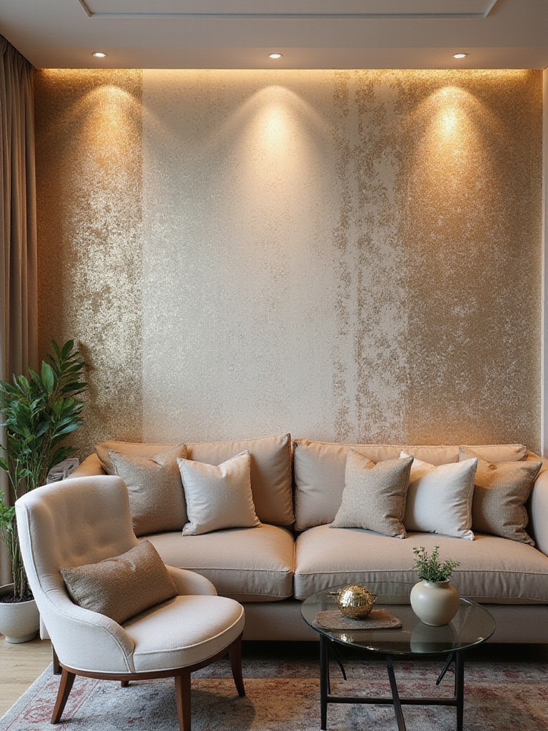 Living room with wallpaper accent wall, showcasing textures and colors