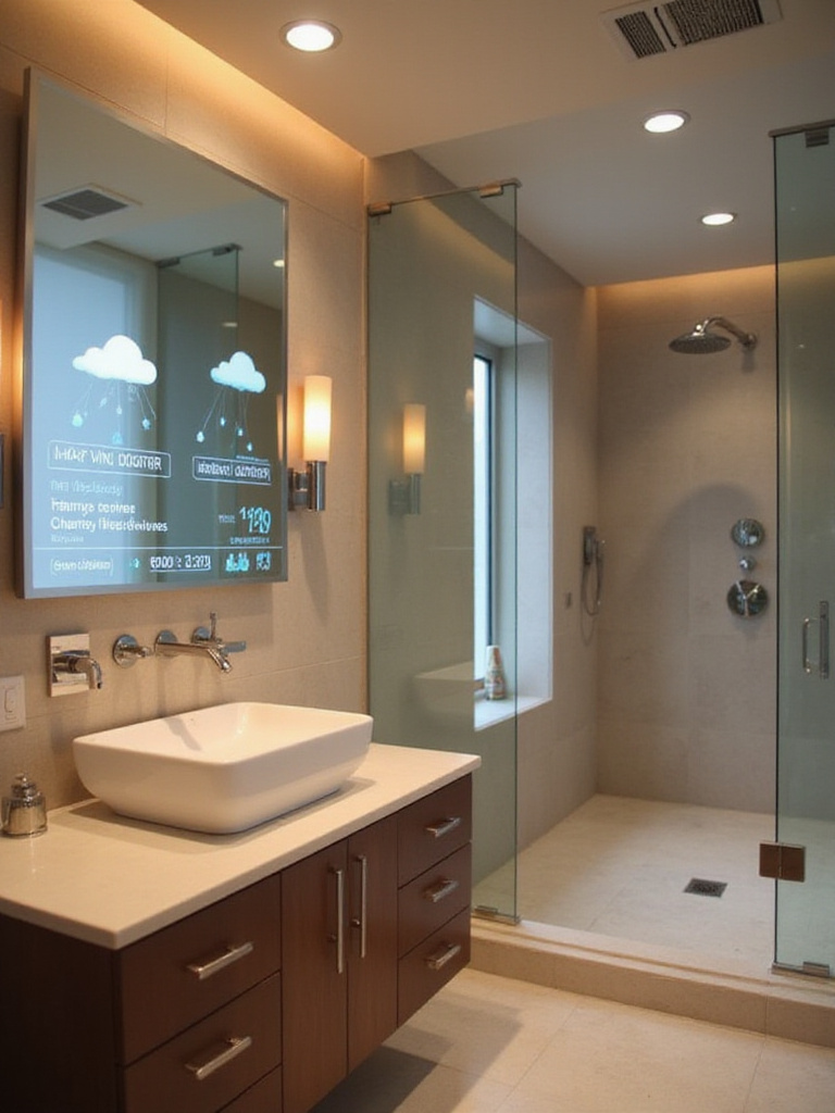 Luxurious bathroom with smart mirror and modern shower system
