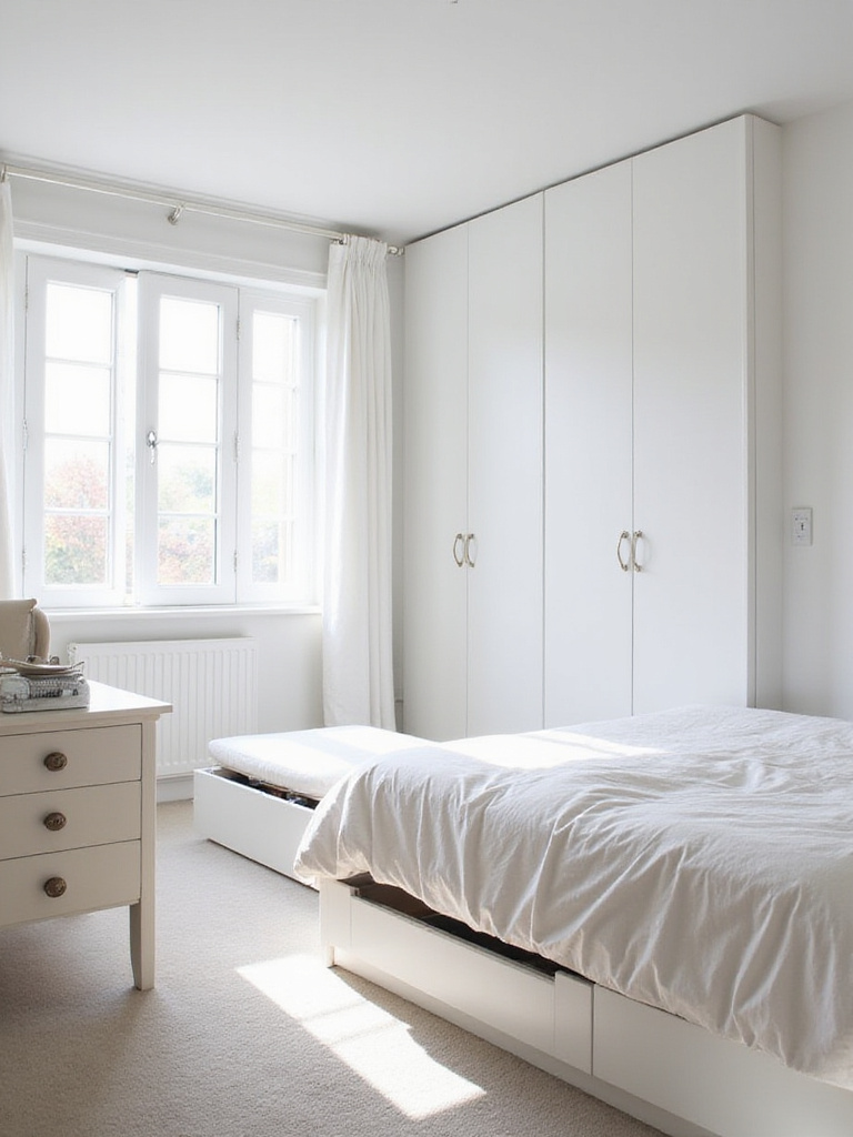 Serene white bedroom with clever hidden storage solutions.