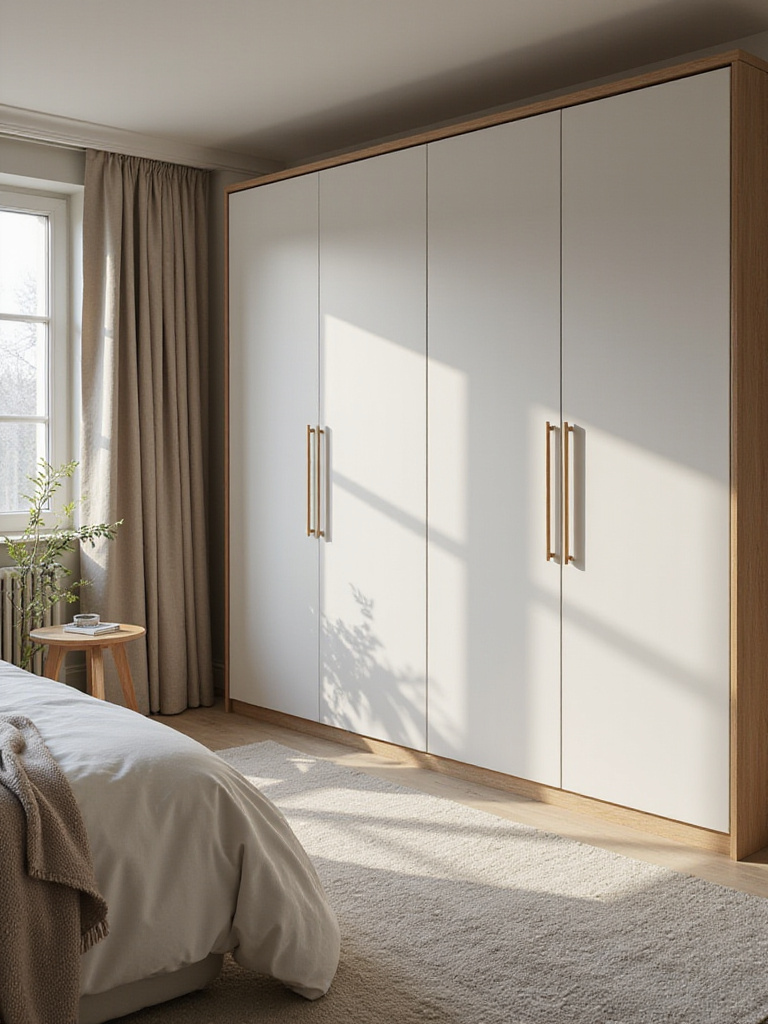 A well-organized bedroom with a wardrobe positioned to maximize storage and maintain clear pathways.
