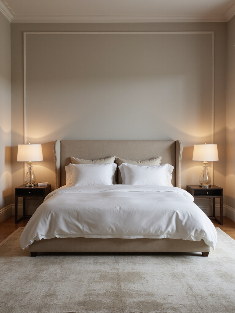 A well-designed bedroom with a perfectly positioned bed against a solid wall, elegant nightstands, and warm lighting.