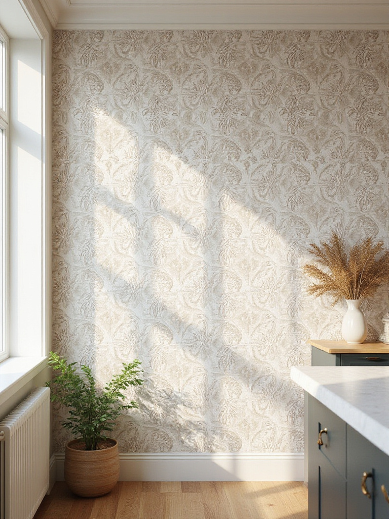 Seamless wallpaper pattern alignment in a stylish kitchen